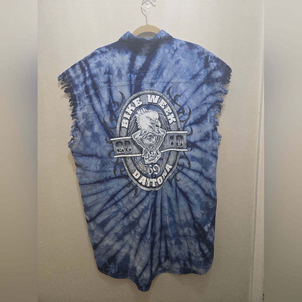 Vintage Daytona Bike Week 69th Anniversary Denim Vest Blue Tie Dye [3XL] Upcycle